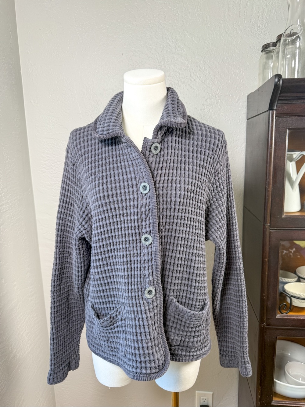 Mododoc Gray Waffle Knit Button Front Jacket Cardigan 100% Cotton Size XL